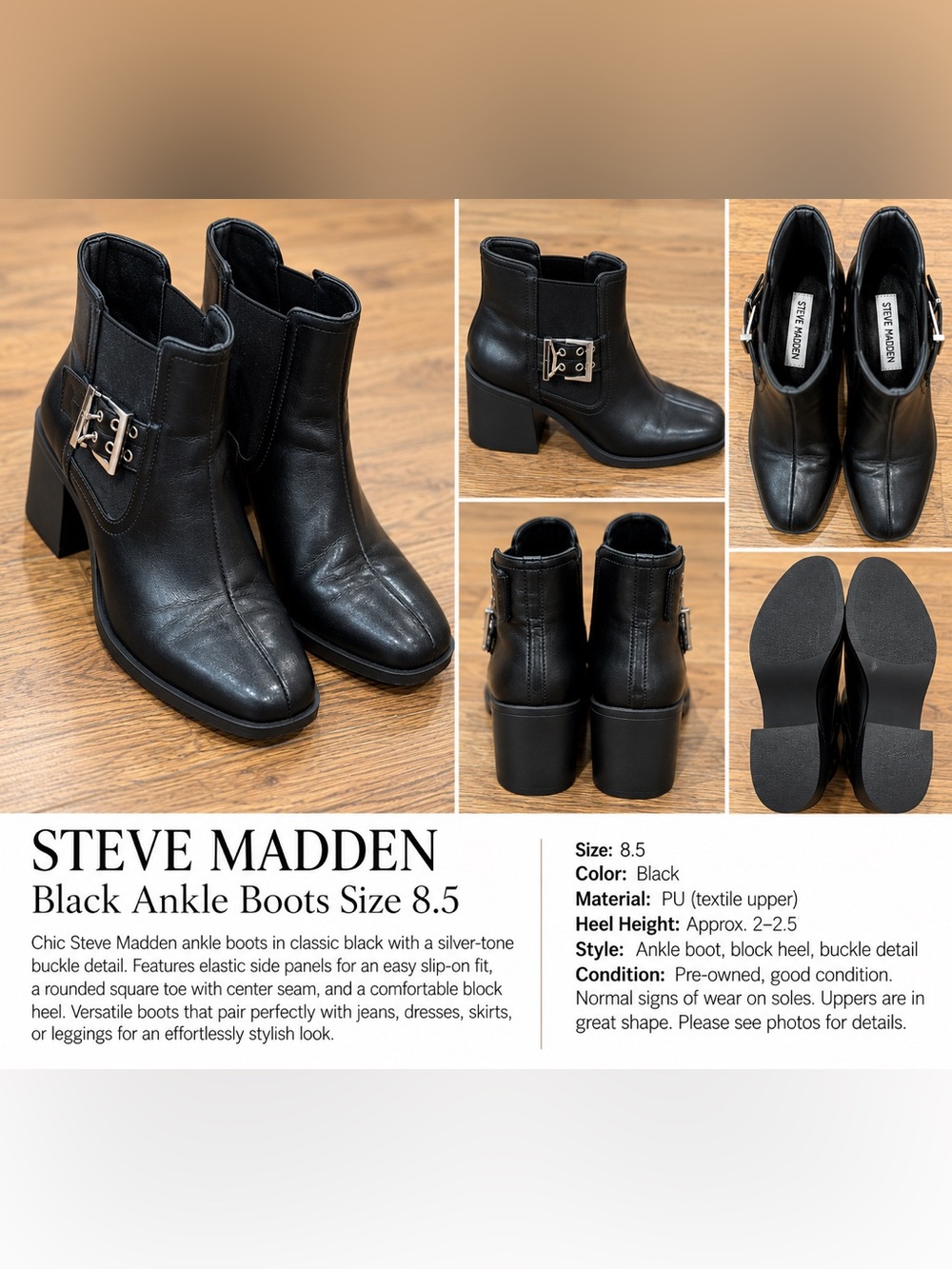 Steve Madden Black Buckle Ankle Boots Block Heel Size 8.5